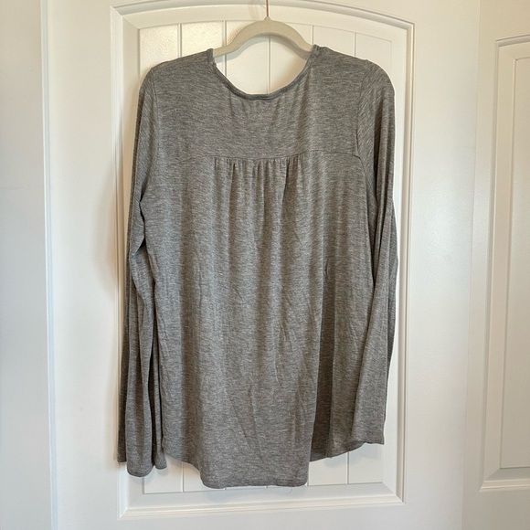 Grey long sleeve top cream lace sheer front, slightly flared sleeves, size L - Picture 8 of 9